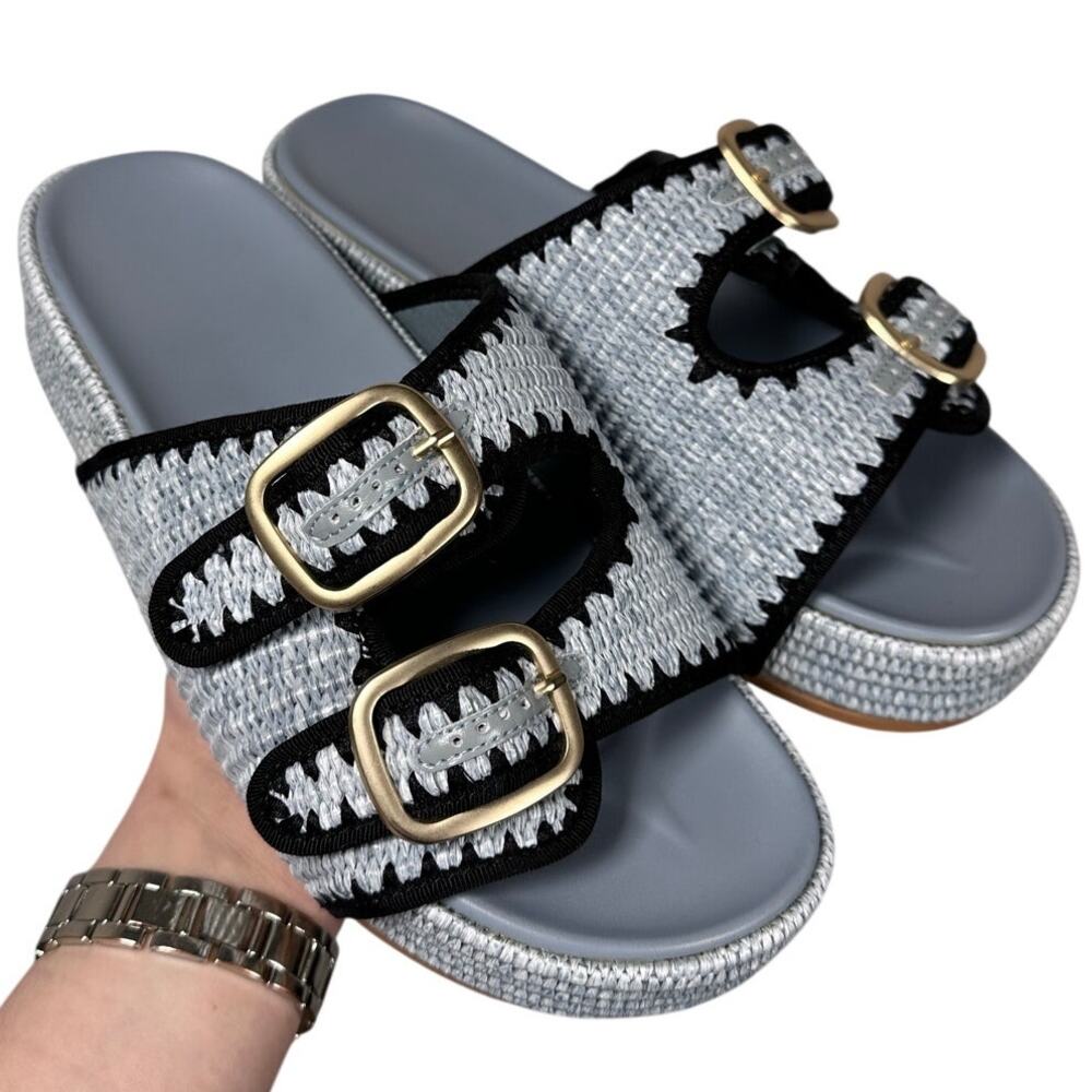 Women's 8.5 Raffia Buckle Slide Sandals Blue Woven Platform Espadrille Slides